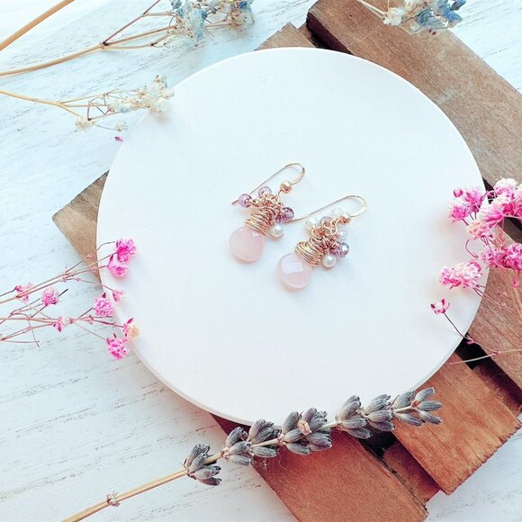 New Rose Quartz with Tiny Gemstones Cluster Earrings | Handmade in BC - Picture 4 of 4